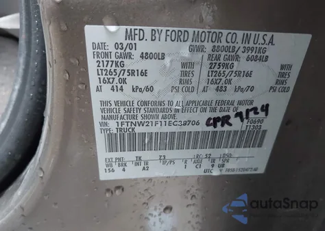 2001 Ford F-250 Lariat/Xl/Xlt from USA, damaged, VIN 1FTNW21F11EC38706